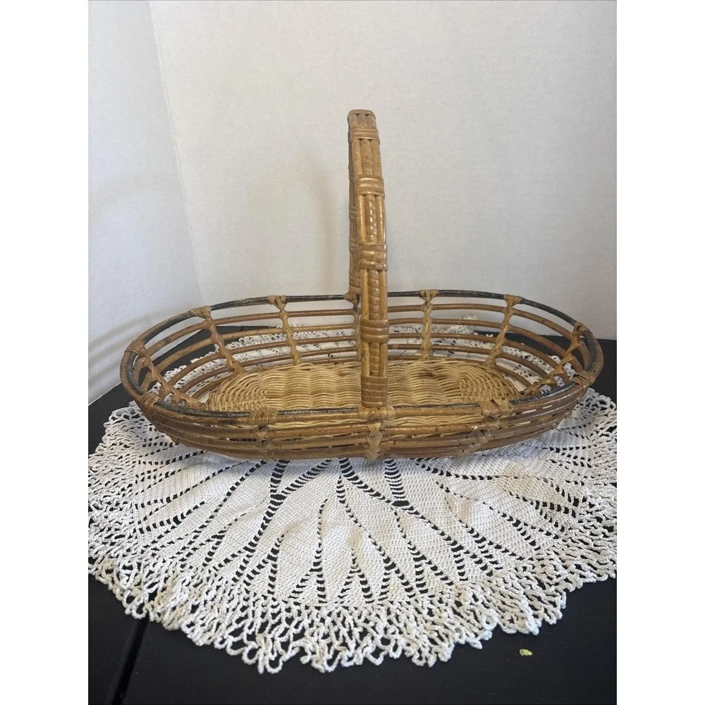 VTG Bentwood Bamboo Reed Gathering Basket Wicker Garden Trug Rattan BOHO Decor